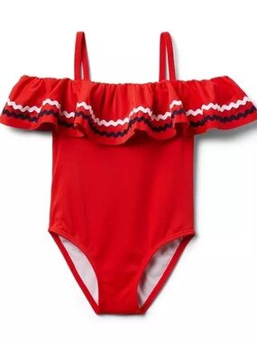 Janie and Jack Red Off-Shoulder Ruffle One-Piece Swimsuit